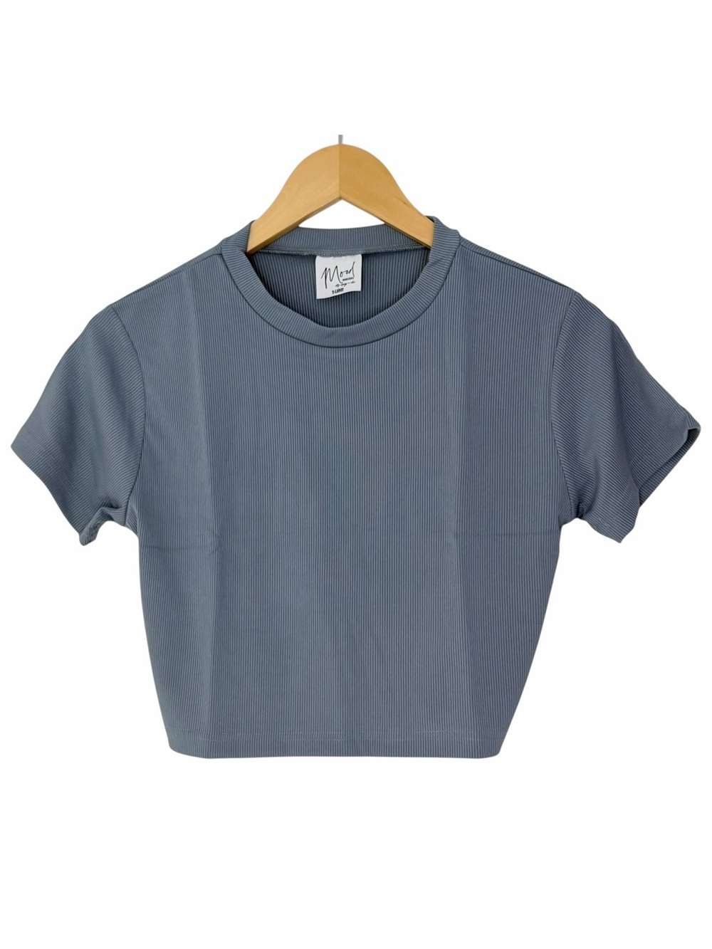Mood Women’s XL Blue Gray Ribbed Fitted Crop Top Short Sleeve Casual Baby Tee